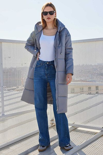 Giyim Dünyası Gray Hooded Long Women's Coat