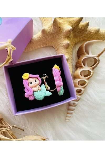1PARÇAMAVİ Mermarid mermaid screw pinch clip children's earrings - no piercing earrings