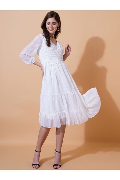 U&F By Styli Dobby V Neck Tiered Midi Dress