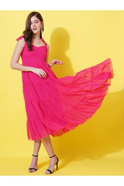 U&F By Styli Dobby Sweetheart Neck Tiered Midi Dress