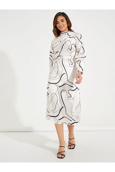 Styli High Neck Belted Midi Dress with Volume Sleeves