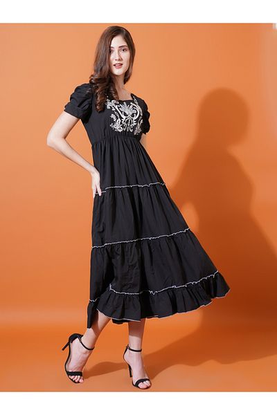 U&F By Styli Embroidery Detail Puff Sleeve Tiered Midi Dress