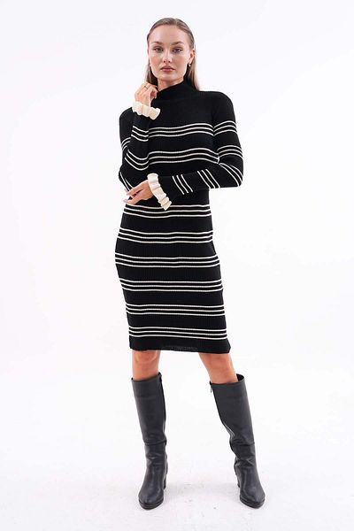 ŞİMAL Women's Stripe Patterned Half Fisherman Knitwear Knitted Long Dress 245166   -