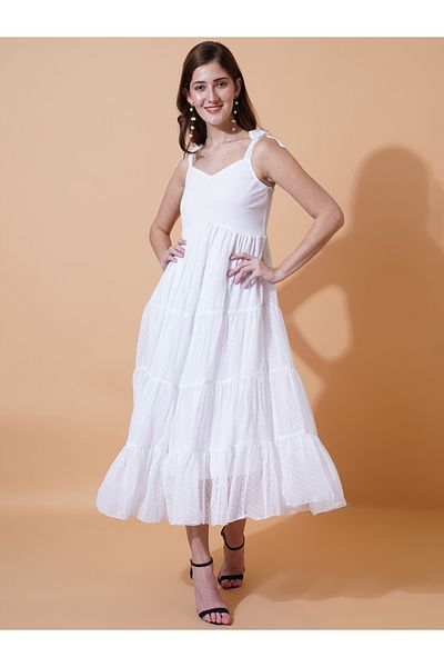 U&F By Styli Dobby Sweetheart Neck Tiered Midi Dress