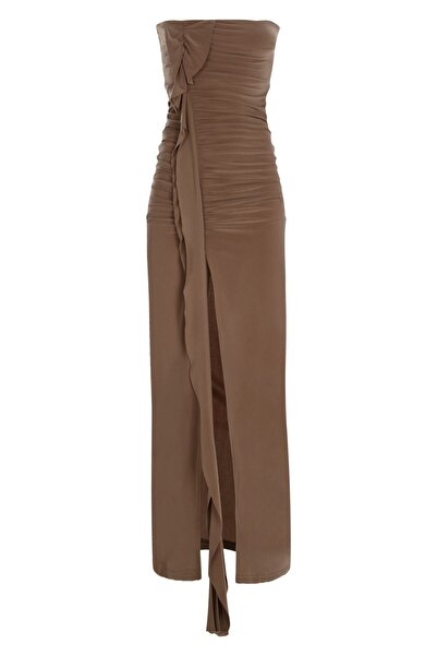 Whenever Company Bej Straplez Drapeli Önden Uzun FırFır ve Derin Yırtmaçlı El...