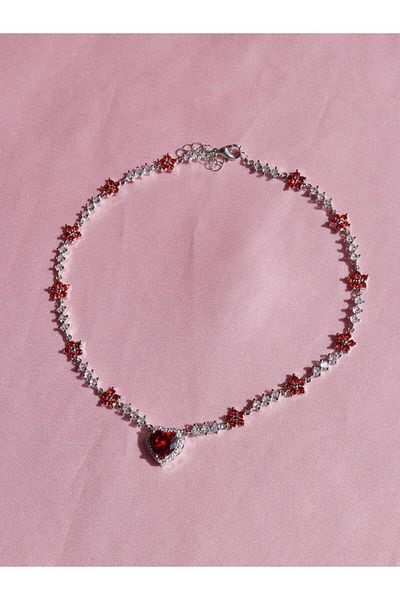 Reorah Collection Red Flower Patterned Zircon Heart Necklace