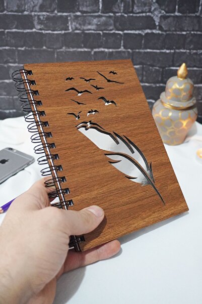 markcat Feather Patterned Bird Notebook with Wooden Cover - A5 Picture Notebooks - Unlined Notebook