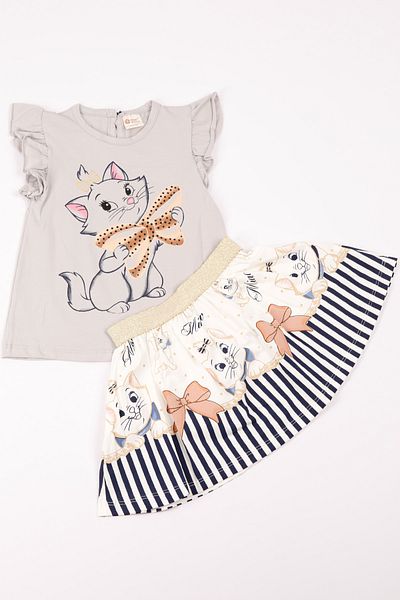 HÇM Cat Printed Girl's Set - A66 with Skirt and Sleeve Detail