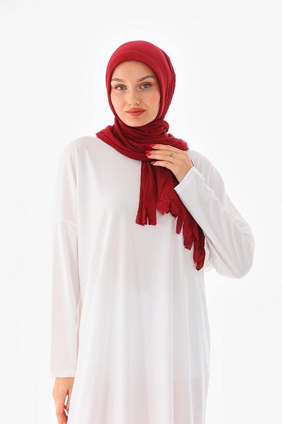 YNS Işıltı Practical Pleated Ready Made Shawl Red