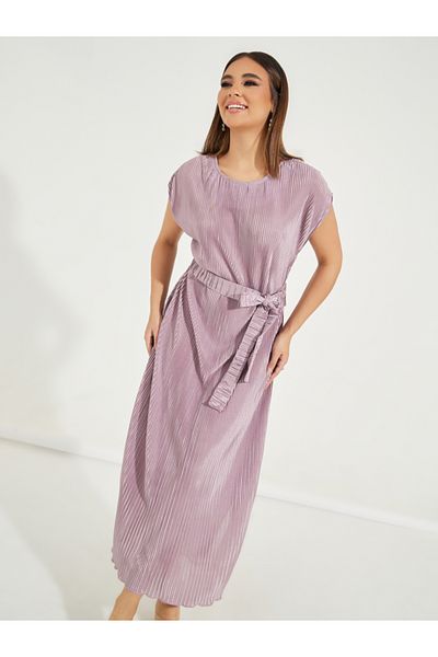 Styli Plisse Cap Sleeves Shift Midi Dress