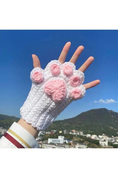 akcepazar Handmade Fingerless Winter Gloves with Paws White Korean Model