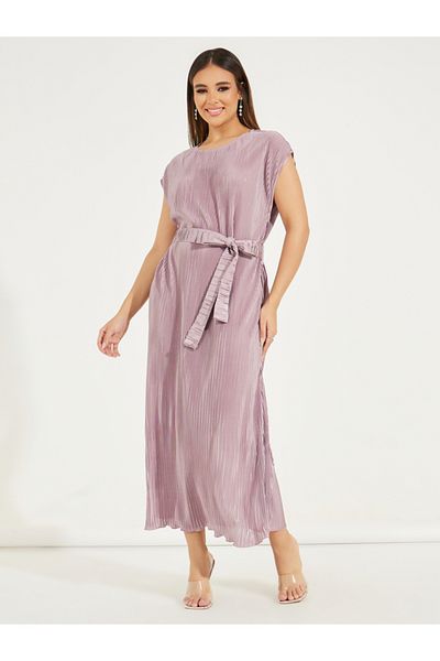Styli Plisse Cap Sleeves Shift Midi Dress