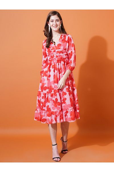 U&F By Styli Floral Print V Neck Tiered Midi Dress