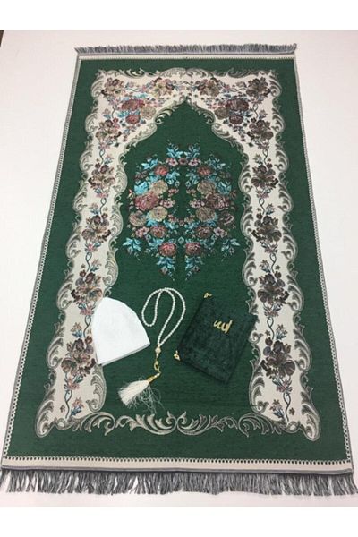 Kardelen Green Rose Prayer Rug Skull Pearl Prayer Beads Velvet Yasin Set