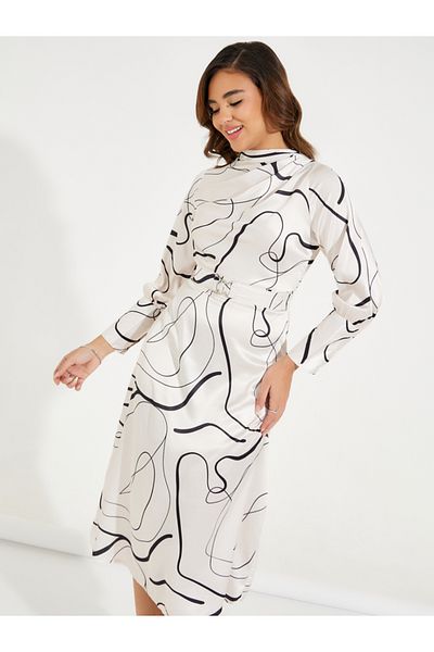 Styli High Neck Belted Midi Dress with Volume Sleeves