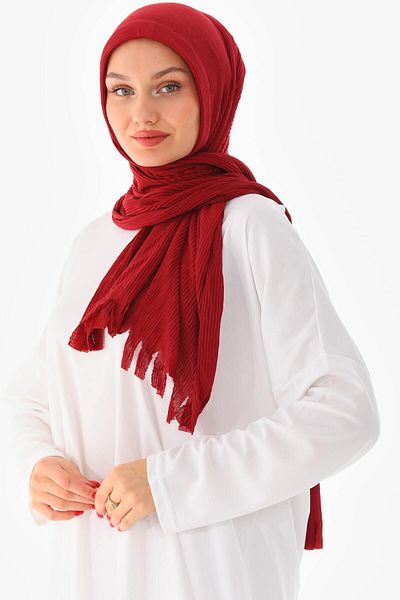 YNS Işıltı Practical Pleated Ready Made Shawl Red