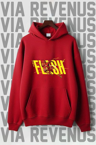 Vordevia Червен суитшърт с качулка Oversize - с щампа Flash, 3 нишки повдигнати