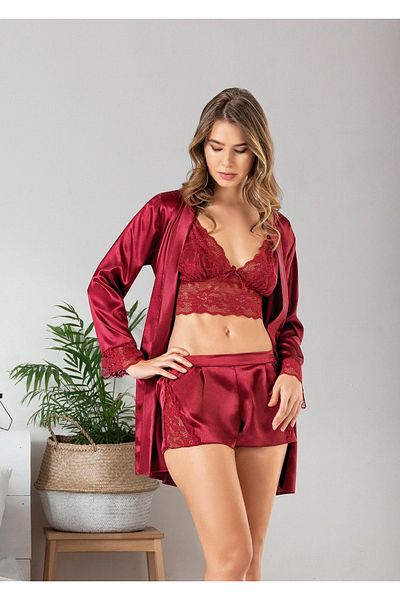 Angels Story Set pantaloni scurți din 3 piese din satin cu detaliu din dantelă Roșu Claret 1515