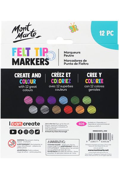 Mont Marte Set of 12 Basic Colored Felt Tip Pens for mm Kids