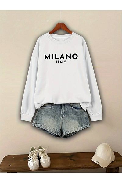 PALPİTO Hanorac alb oversize cu imprimeu Milano pentru damă - decolteu