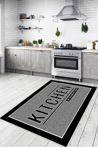 Viva Home Gri Kaymaz Tabanlı Kitchen Yazan Mutfak Halısı Yolluk VH097