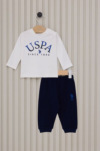 U.S. Polo Assn. طقم بيبي بوي أبيض مكون من قطعتين