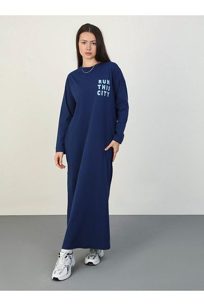 Benin Navy Blue Oversize Knitted Hijab Dress - Print Detailed, Benin