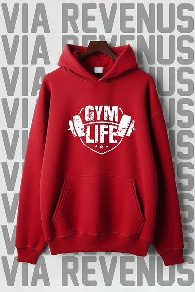 Vordevia Принт Gym Life - Суитшърт с качулка и повдигнат голям размер, джоб тип кенгуру, 3 прежди