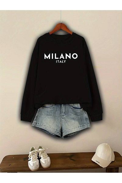 PALPİTO Hanorac negru oversize cu imprimeu Milano pentru damă - decolteu