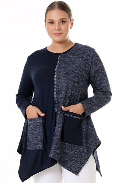 Kheos Double Color Blocked Stone Embroidered Round Neck Long Sleeve Asymmetrical Tunic Blouse