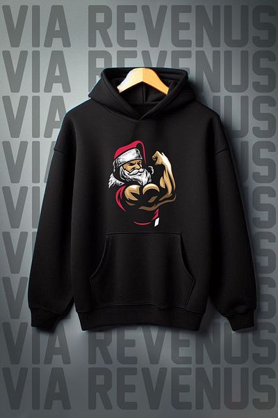 Vordevia Santa Printed Gym Kangaroo Pocket Oversize Hooded Sweatshirt - 3 Thread Raster