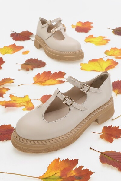 TUNAELLİ Beige Women's Shoes - Genuine Natural Leather, Double Straps and Buckles