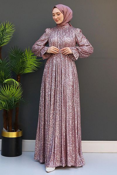 GİZ AGİYİM Pink Butterfly Patterned Sequin Sequin Evening Dress