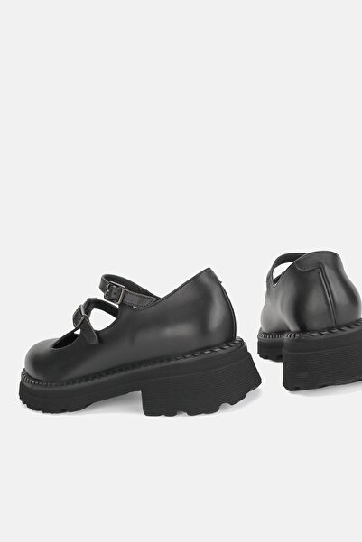 TUNAELLİ Black Genuine Leather - Double Banded Buckle Women's Shoes