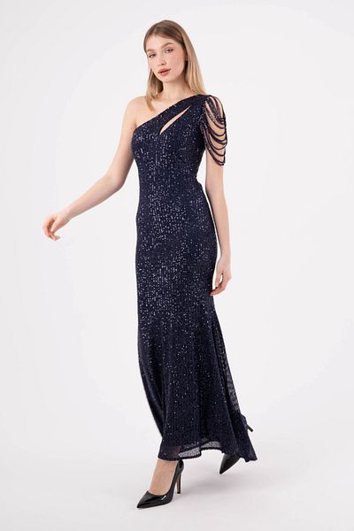 HOX'S Scarlet One Shoulder Maxi Evening Dress - Sequined and Cut Out Chest Low Cut, Navy Blue