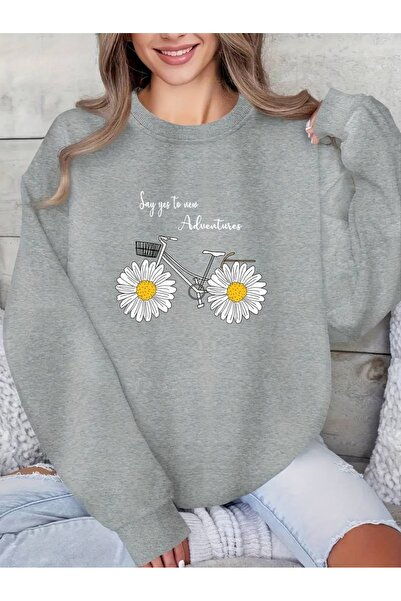 PALPİTO Siva Oversize kroj majica - Bicikl Daisy Štampano , okrugla kragna