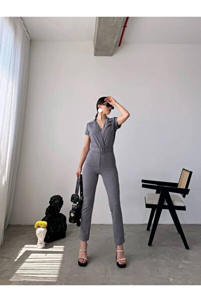 MST CLOTHİNG Kruvaze Yaka Beli Kemerli Kadın Tulum