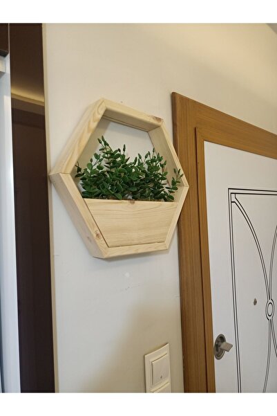 ViraHome Lüks Dekoratif Ahşap Altıgen Duvar Saksısı Yapay Çiçek Dahil Taş Yosunlu Saksılık Duvar Dekorasyon