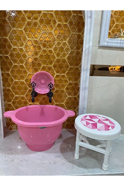 Balıkçı Plastik Curun Kurna - Desenli Plastik Tabure - Hamam Tası 3'lü Set