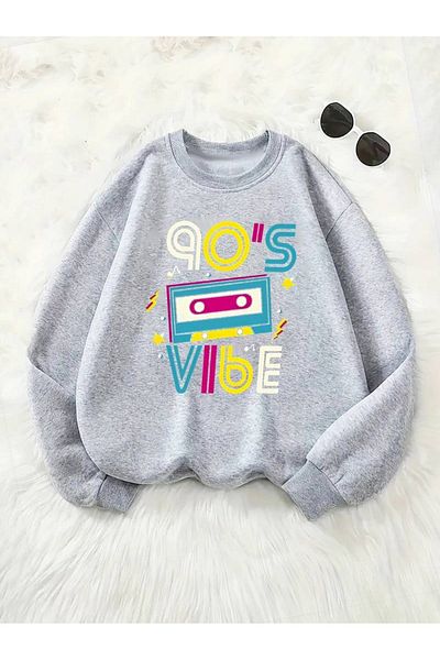 PALPİTO Γκρι γυναικείο φούτερ Vibe Printed Oversize 90s - Crew Neck