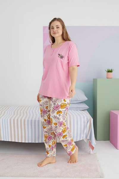 SeXen Set de pijamale supradimensionate din bumbac pentru femei, roz, cu guler brodat cu frunze de flori