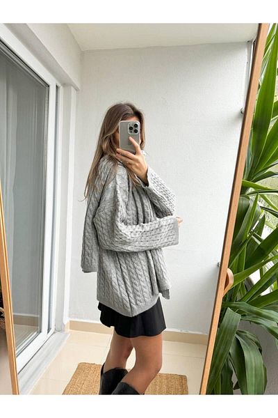 İLKCET MODA سترة تريكو ووشاح سميك - تفاصيل جديلة الشعر