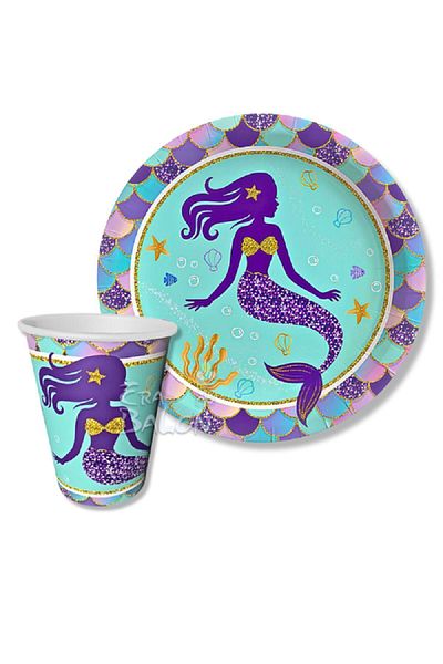turkuaz parti 8-PIECE SEA GIRL THEMA CONCEPT CARDON PLATE AND CUP SET