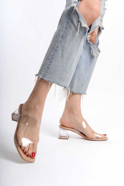 Bilalim Shoes Papuci cu toc pentru femei de culoare nudă - cu bretele transparente