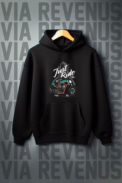 Vordevia Just Ride Biker Printed - 3 Thread Kangaroo Pocket Black Hooded Wide Sweatshirt