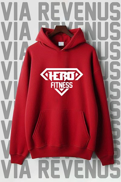 Vordevia Принтиран Hero Fitness - Суитшърт с качулка и джоб "кенгуру" от 3 прежди, голям размер