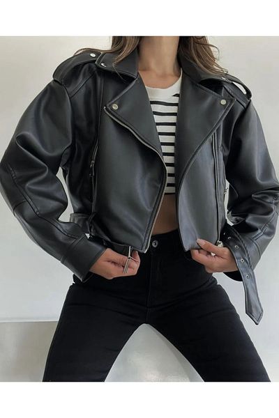 MEECY Schwarze, übergroße Lederjacke mit Gürtel