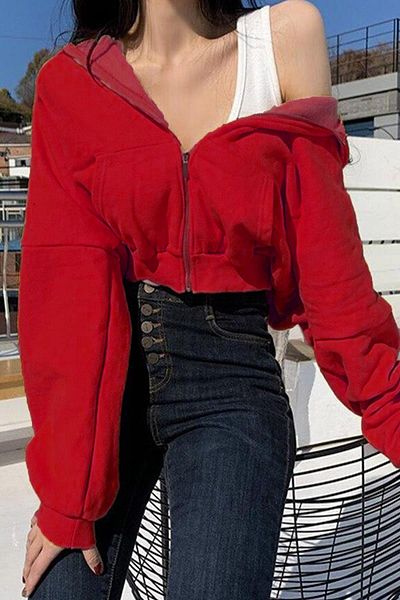 weywot Stillex Red Crop Cardigan - Streetwear, Zippered, Long Sleeve