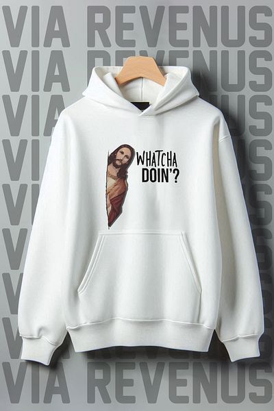 Vordevia White Hooded Jesus Printed Kangaroo Sweatshirt 3 Thread Raised Wide Fit