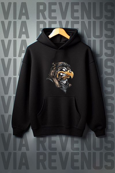 Vordevia Kangaroo Pocket Pattern - 3 Thread Black Hooded Wide Sweatshirt